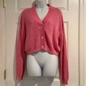 ZHRILL Women’s Linen Blend Cropped Pink Oversized Valentines Cardigan Sweater XS